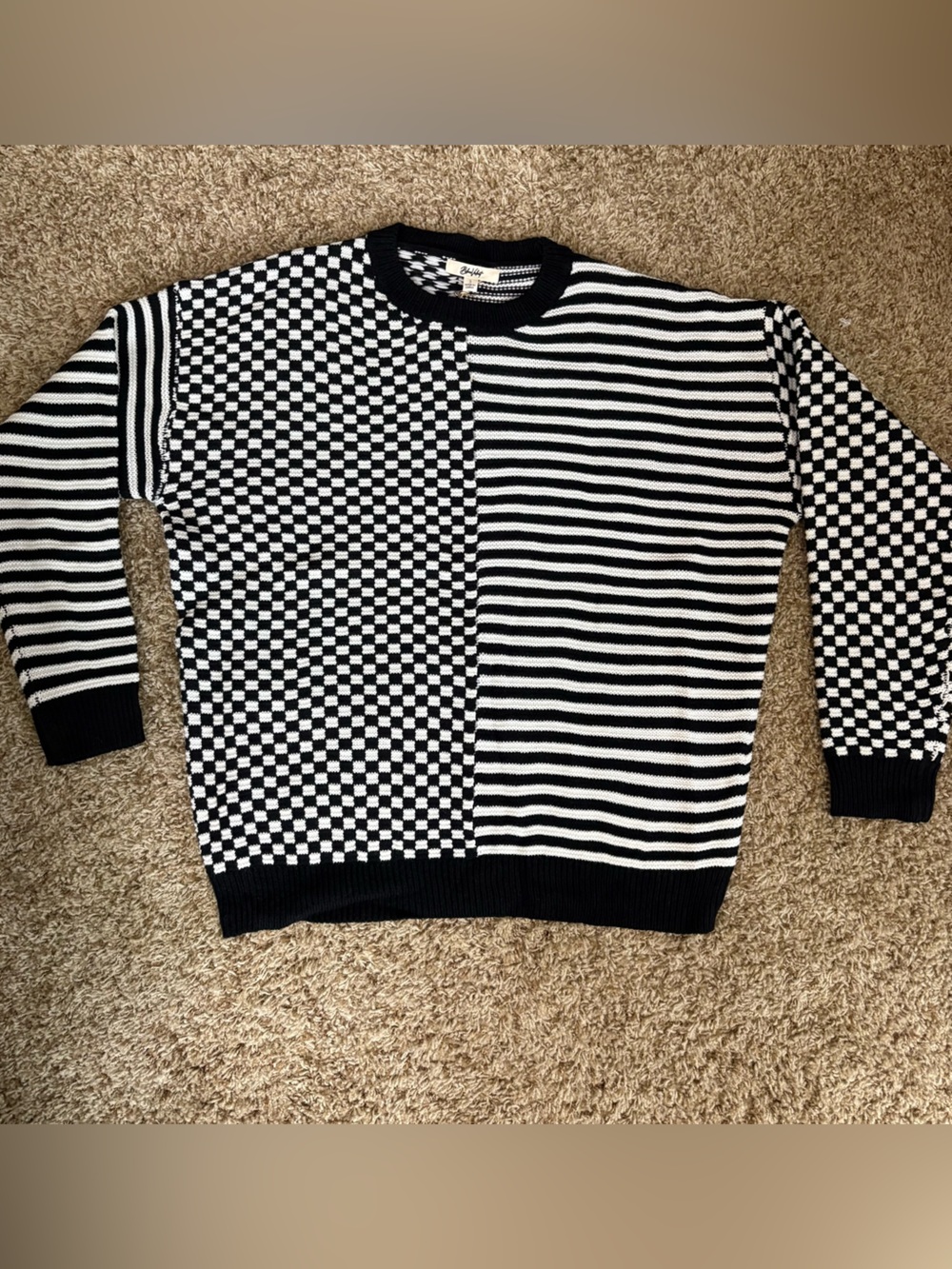 NWT Blue Velvet size small Black & White Checkerboard Stripe Crewneck Sweater
